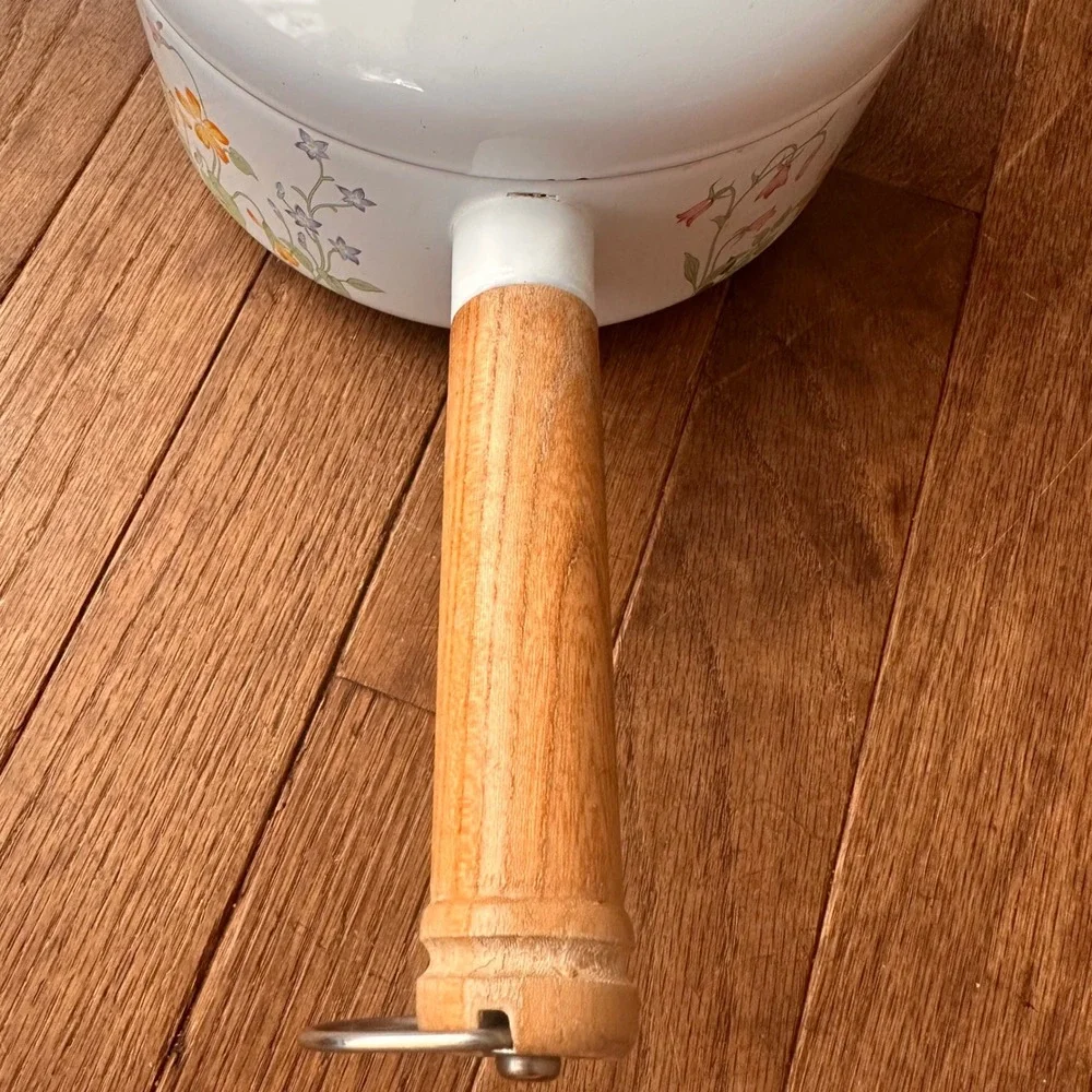 Vintage Enamel Floral Saucepan Unisex 7in Wood Handle White Orange 1970s Kitchen